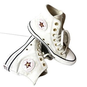 Converse All Star Hi-Top Ivory Canvas Sneaker Women's 7 Lace Up Shoes Gold Heart